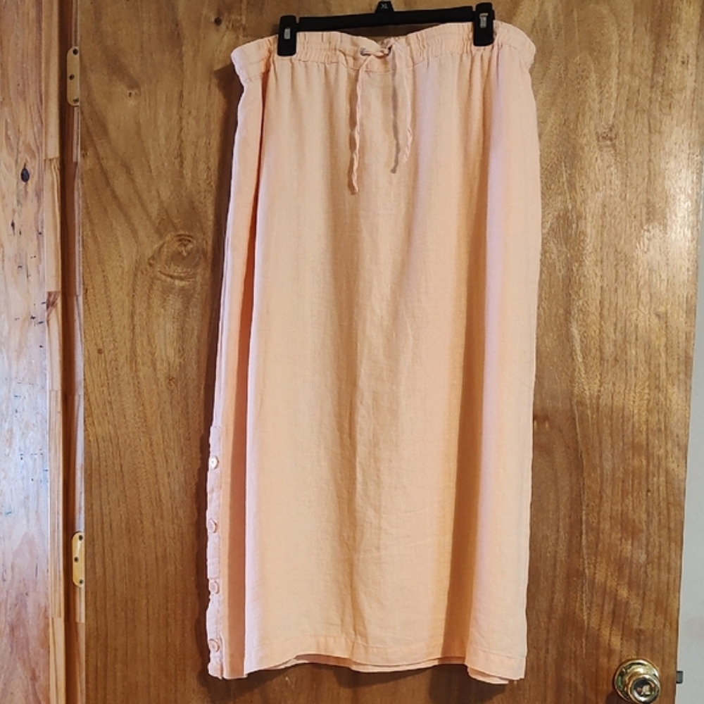 Vintage Travelsmith Drawstring Skirt Peach 100% Linen Button Detail Elastic XL